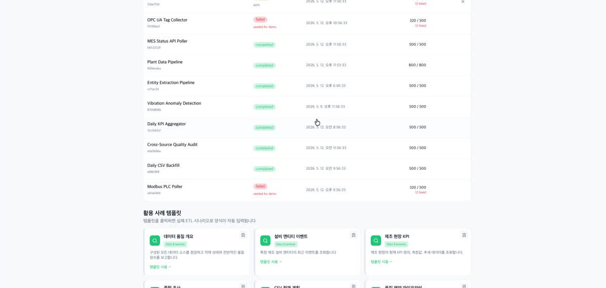 ETL 파이프라인 관리 화면